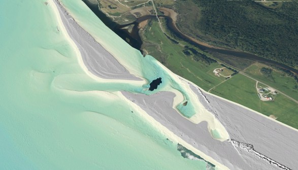 A computer-generated 3DCM aerial view of part of the New Zealand coastline
