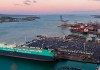 An aerial view of the Port of Auckland showing ships at docks