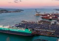 An aerial view of the Port of Auckland showing ships at docks