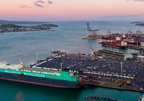 An aerial view of the Port of Auckland showing ships at docks