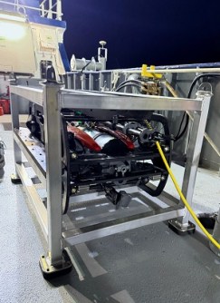 The APAMA remotely operated vehicle, purchased by Revelare Hydrospatial, on the deck of the 7-Oceans survey vessel.