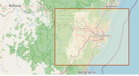 A map of eastern NSW with a red box drawn around the Greater Sydney region