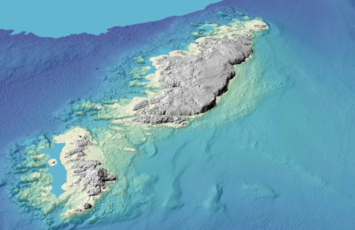 A computer-generated 3DCM aerial view of islands off the New Zealand coast