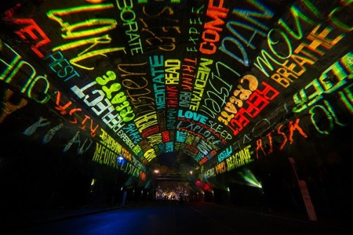 A view of the Argyle Cut lit ud with displays during the Vivid festival