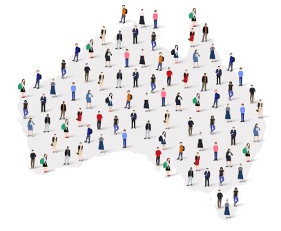 A stylised map of Australia with cartoon people figures scattered across the landscape, to represent different jobs to be counted in the census