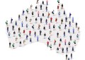A stylised map of Australia with cartoon people figures scattered across the landscape, to represent different jobs to be counted in the census