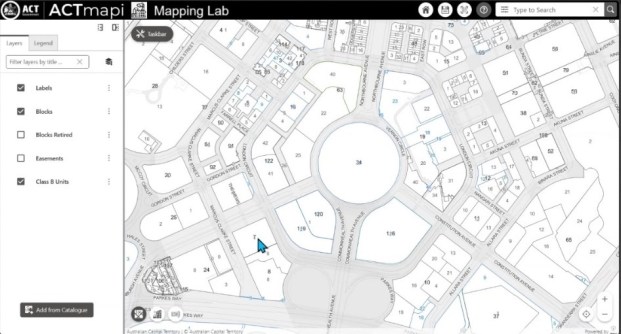 A map showing an overhead view of the centre of Canberra, from the ACTmapi platform