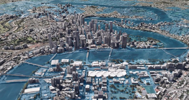 A 3D model of the city of Brisbane, showing (in blue) areas at risk of flooding at the 5 metre level