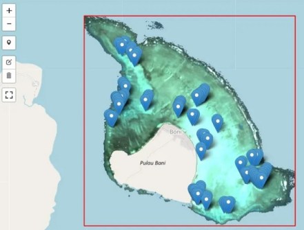 A screenshot from the Piksel platform, showing an overhead map of an island with markers placed to indicate data points