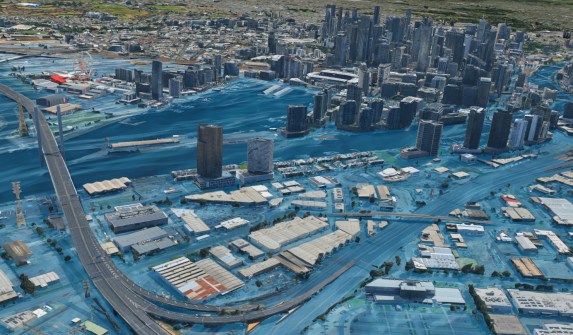 A 3D model of Docklands, showing (in blue) areas at risk of flooding at the 5 metre level