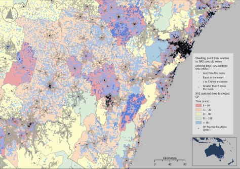 A map of NSW broken up into numerous areas, colour coded, according to health services accessibility
