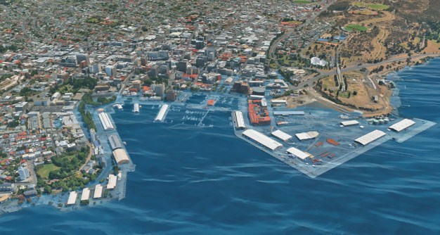 A 3D model of the port area of Hobart, showing (in blue) areas at risk of floods at the 5 metre level