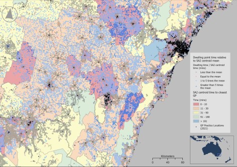 A map of NSW broken up into numerous areas, colour coded, according to health services accessibility