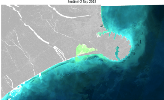 Monitoring coastal change in New Zealand, this satellite image shows areas of phytoplankton blooms in light blue