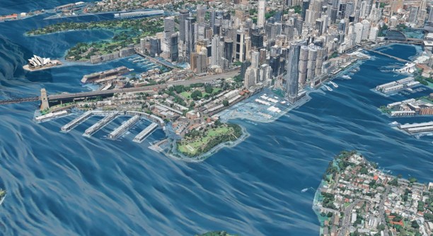 A 3D model of Sydney Harbour, showing (in blue) areas at risk of flooding at the 5 metre level