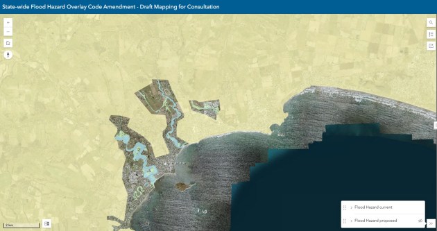 A map of the Victor Harbor area, showing flood zones around rivers
