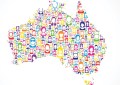 A cartoon map of Australia filled with outlines of human heads