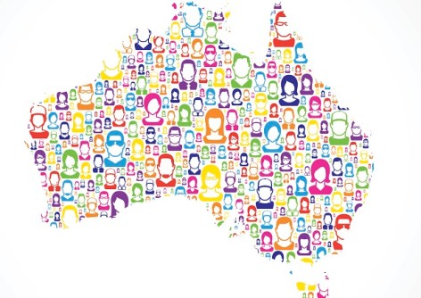A cartoon map of Australia filled with outlines of human heads