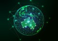 Futuristic green Australia map continent on planet Earth view from space abstract background.