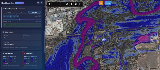 A colour-coded map of a city incorporating satellite imagery, showing rainfall data