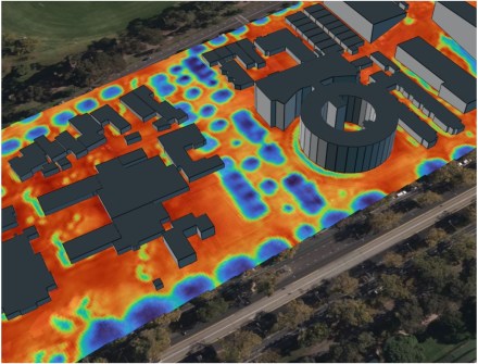 A aerial view, false-colour map of heat distribution in a city suburb