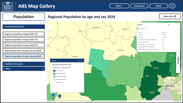 A screenshot of the ABS Map Gallery, showing a coloured map and data
