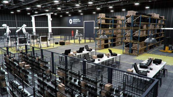 A computer-generated view inside an industrial factory belonging to Advanced Navigation