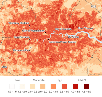 A map of London, with suburbs colour coded in red tones according to the urban heat island effect