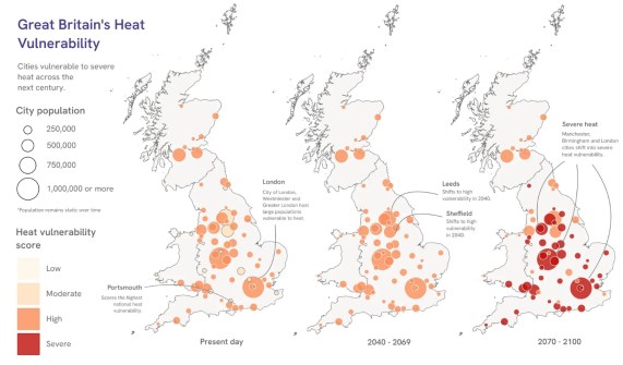 Three maps of Great Britain showing the urban heat effect currently and in years to come