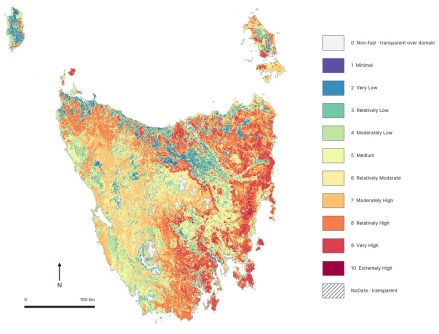 A map of Tasmania, colour coded to indicate areas of different fire risk as per the Tasmania Wildfire Index
